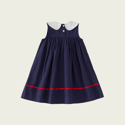 New Design Summer Baby Kids Girls Simple Sleeveless Navy Style Collar Dress