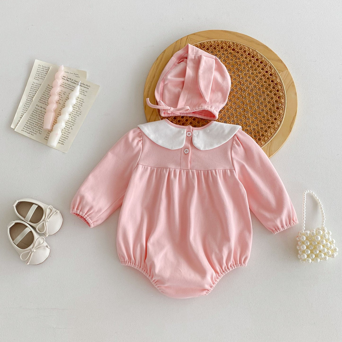 Autumn New Arrival Baby Girls Long Sleeves Rabbit Embroidery Collar Pink Onesies