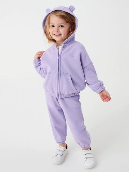 Girls Cozy Solid Color Rabbit Design Zip-Up Hoodie And Pants 2-Piece Set