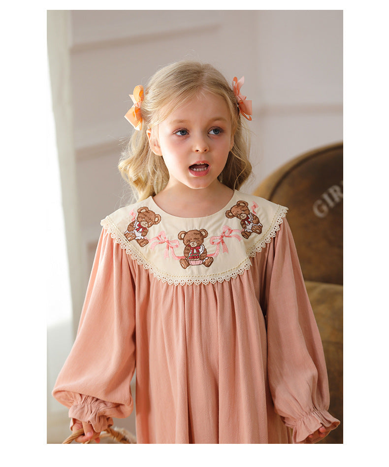 Arrival Autumn Girls Pink Long Sleeves Dress with Teddy Embroidery Collar