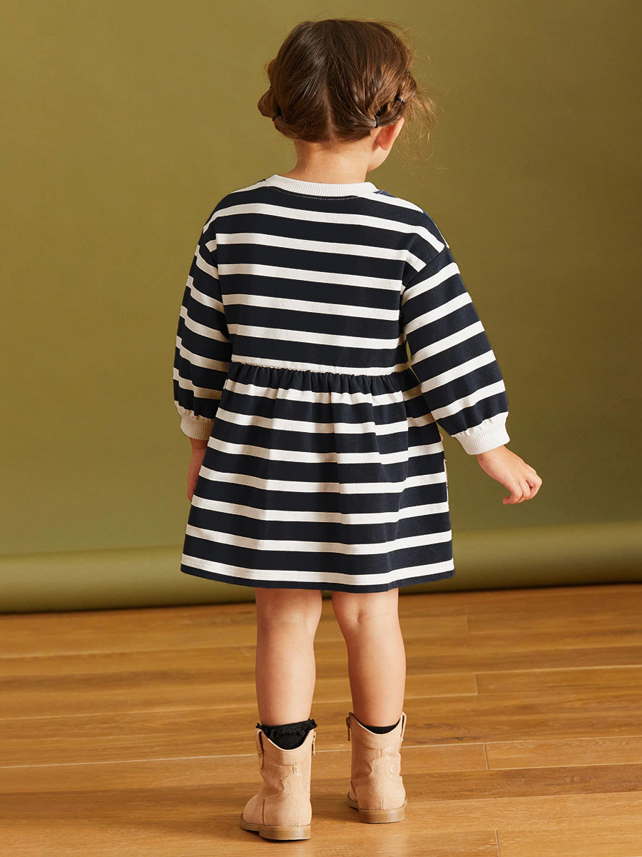 Arrival Autumn Girls Cartoon Dachshund Dog Pattern Crew Neck Long Sleeves Striped Dress