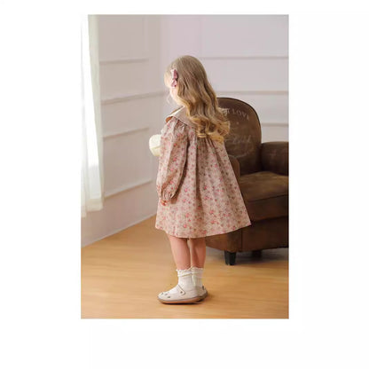 Vestido vintage de manga larga con cuello bordado y diseño floral para niñas de otoño 