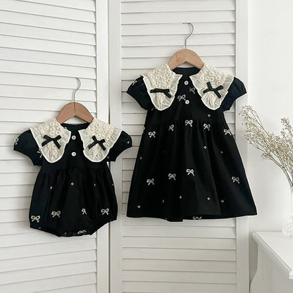 New Design Summer Baby Kids Girls Floral Pattern Collar Short Sleeves Bows Embroidery Onesies And Girls’ Dress – Princess Sister Matching Set