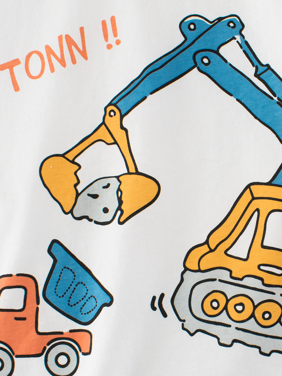 Boys’ Cartoon Excavator And Truck Print T-Shirt In European And American Style