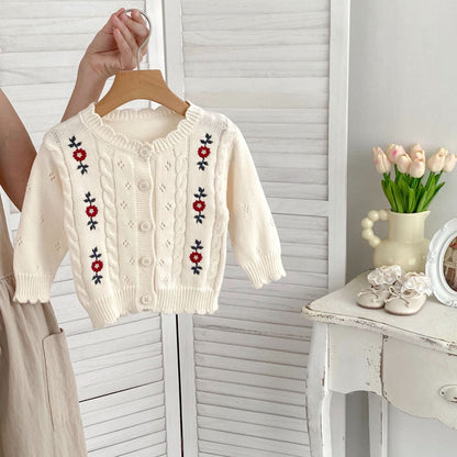 Autumn New Arrival Baby Kids Girls Comfortable Floral Pattern Embroidered Knitted Long Sleeves Cardigan