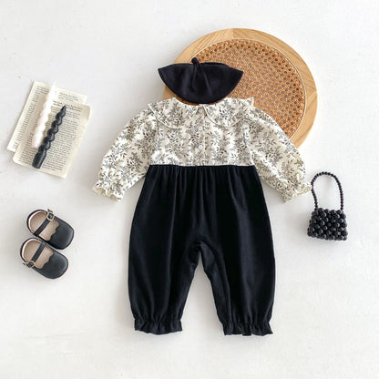 Autumn New Arrival Baby Kids Girls Flowers Pattern Long Sleeves Top and Black Overalls Strap Onesies Patchwork Casual Outfits Clothing