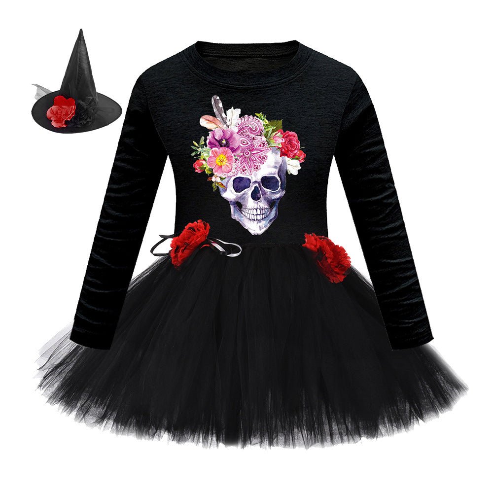 Disfraz de Halloween para niñas recién llegadas: vestido de tul con estampado de dibujos animados de brujas y mangas largas para fiesta de cosplay con conjunto de sombrero 