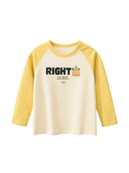 Autumn Baby Boys Letters and Cartoon Print Color Patchwork Long Sleeves Crew Neck Base Top Shirt