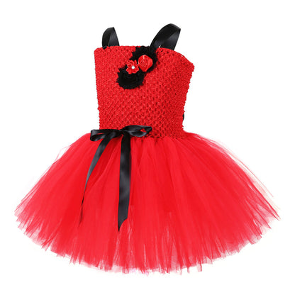 Children Girls’ Halloween Costume Set: Sleeveless Red Tulle Dress with Cosplay Accessories – Sets