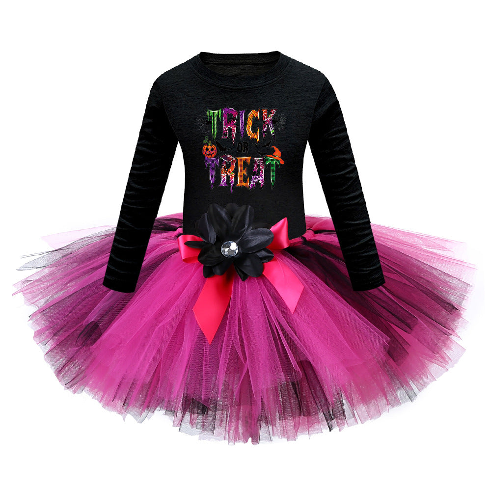 Arrival Girls’ Halloween Costume: Long Sleeves Cartoon Print Witches Cosplay Party Tulle Patchwork Dress