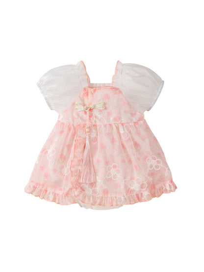 Summer New Dress Design Baby Girls Pink Flowers Pattern And Embroidery Short Sleeves Square Neck Sweet Cute Onesies