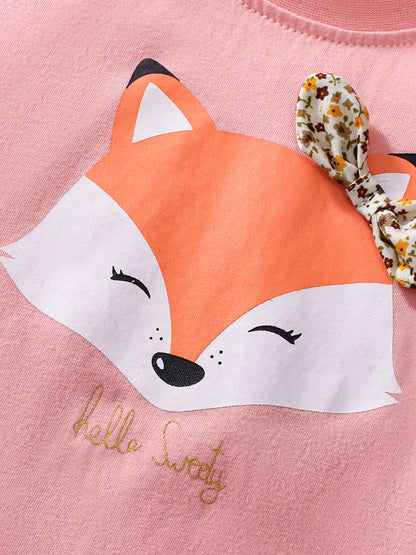 Girls’ Cute Fox Cartoon Pattern Short Sleeves T-shirt in European and American Style for Summer