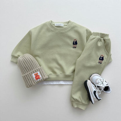 Spring and Autumn Kids Unisex Casual Teddy Logo Long Sleeves Top Pullover and Pants Clothing Set