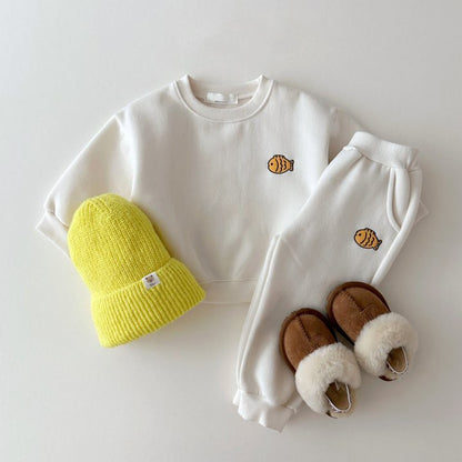 Conjunto de ropa unisex de otoño para bebés y niños, informal, con bonito logotipo de pez, de manga larga, jersey y pantalones 