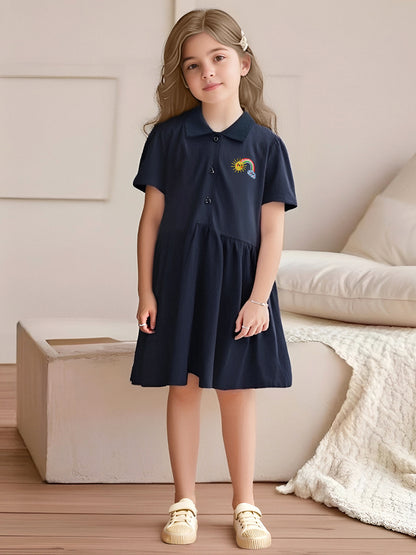 Summer Polo Style Dress for Girls, European and American Cute Rainbow Embroidery Pattern Dress