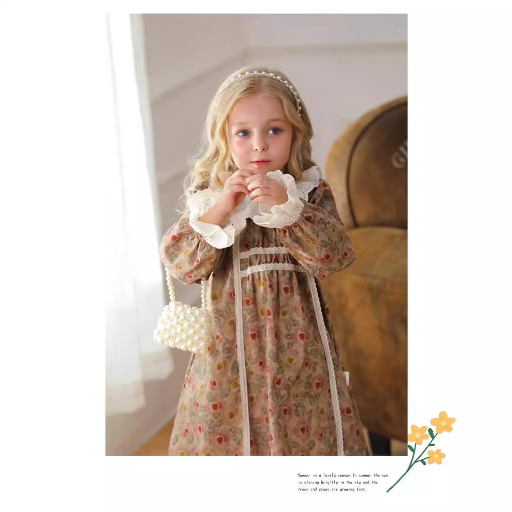 Design Autumn Girls Vintage Floral Ruffle Collar Long Sleeves Dress