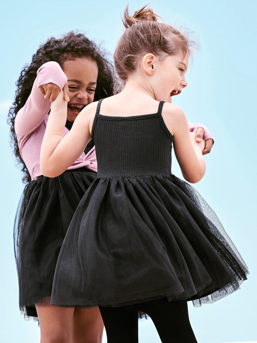 Summer New Arrival Baby Kids Girls Sleeveless Solid Color Black Tulle Dress