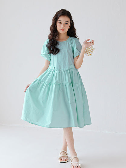 Hot Selling Summer Kids Girls Simple Style Solid Color Plain Cotton Short Sleeves Green Dress