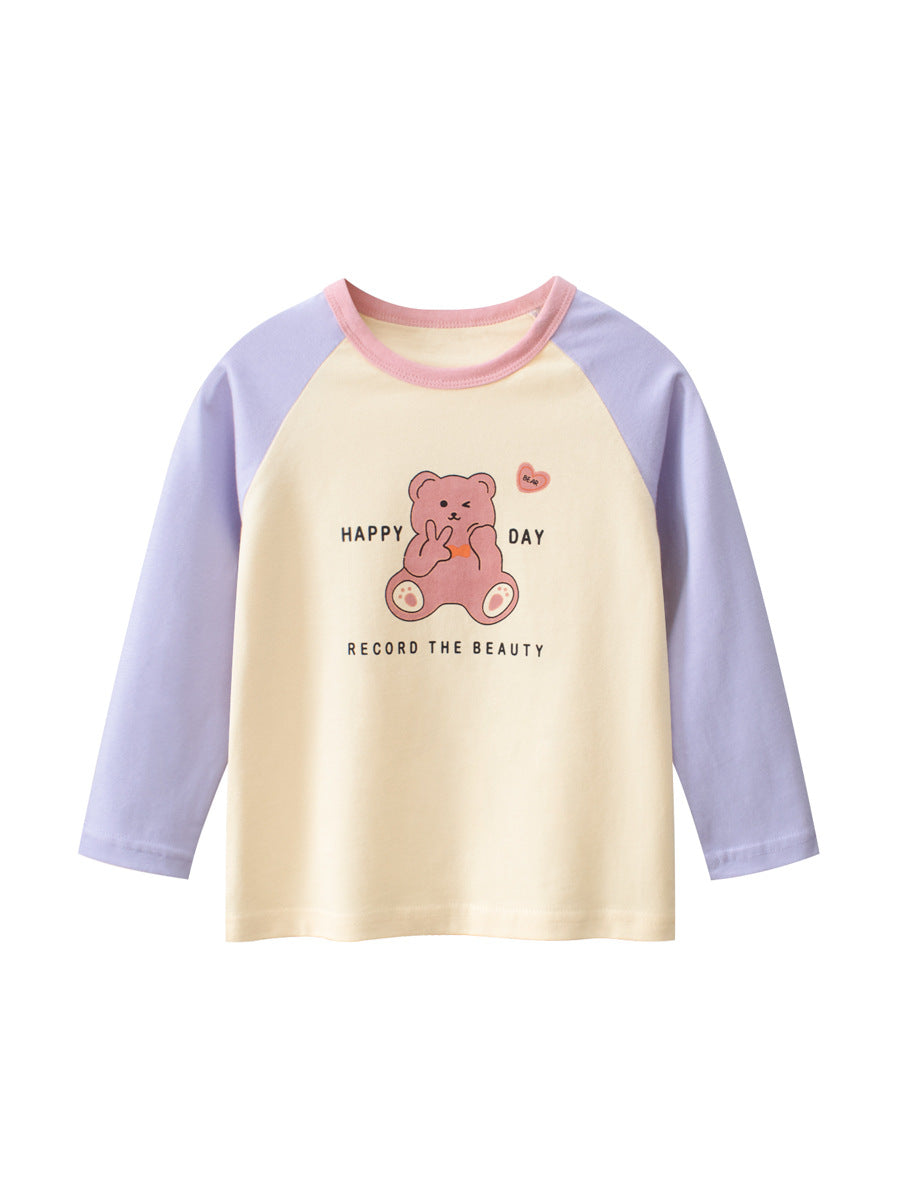 Camisa de manga larga con cuello redondo y estampado de letras y dibujos animados para niñas y niños recién llegada de otoño 