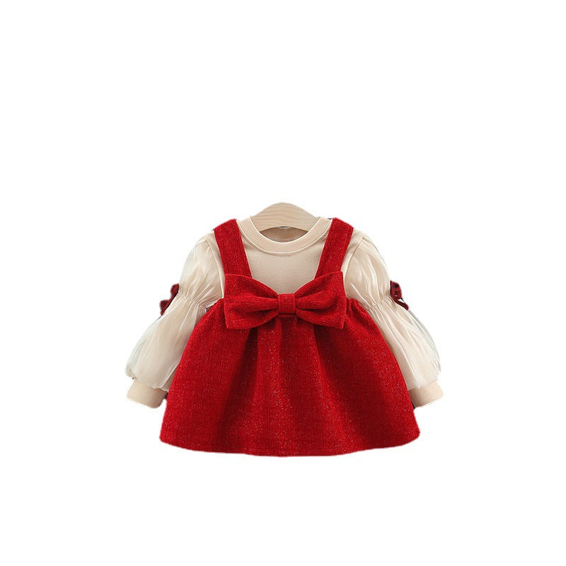 Autumn and Winter New Arrival Baby Girls Long Sleeves Crew Neck Top and Overalls Dress