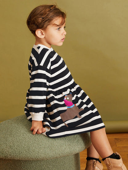 Arrival Autumn Girls Cartoon Dachshund Dog Pattern Crew Neck Long Sleeves Striped Dress