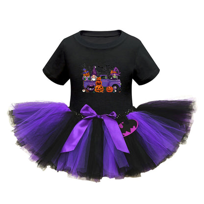 Arrival Girls’ Halloween Costume: Short Sleeves Cartoon Print Witches Cosplay Party Tulle Patchwork Dress