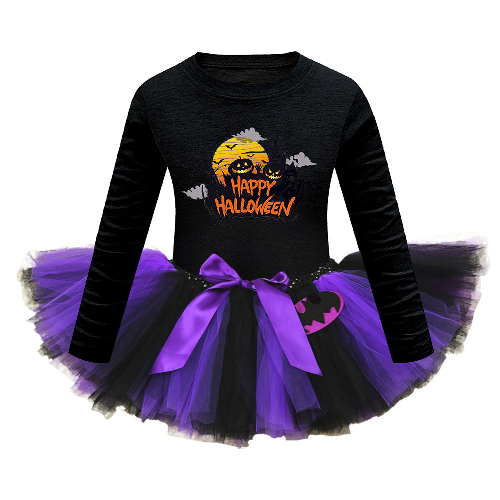 Arrival Girls’ Halloween Costume: Long Sleeves Cartoon Print Witches Cosplay Party Tulle Patchwork Dress