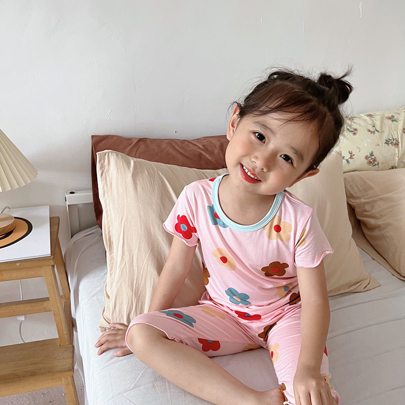 Summer Baby Kids Girls Flowers Pattern Short Sleeves T-Shirt And Shorts Casual Home Clothing Set