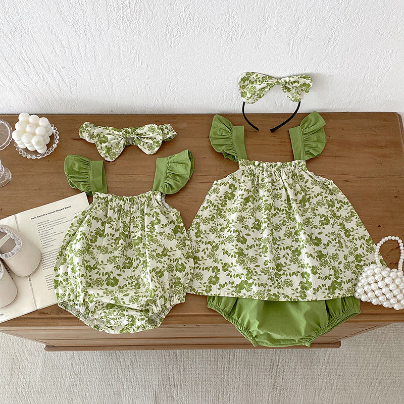 Summer Girls Flowers Pattern Sleeveless Strap Onesies And 2-Piece Clothing Set – Sister Matching Clothing Set