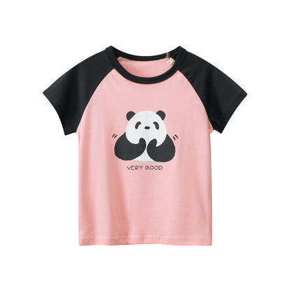 Panda Clapping Printing Girls’ Patchwork T-Shirt For Summer