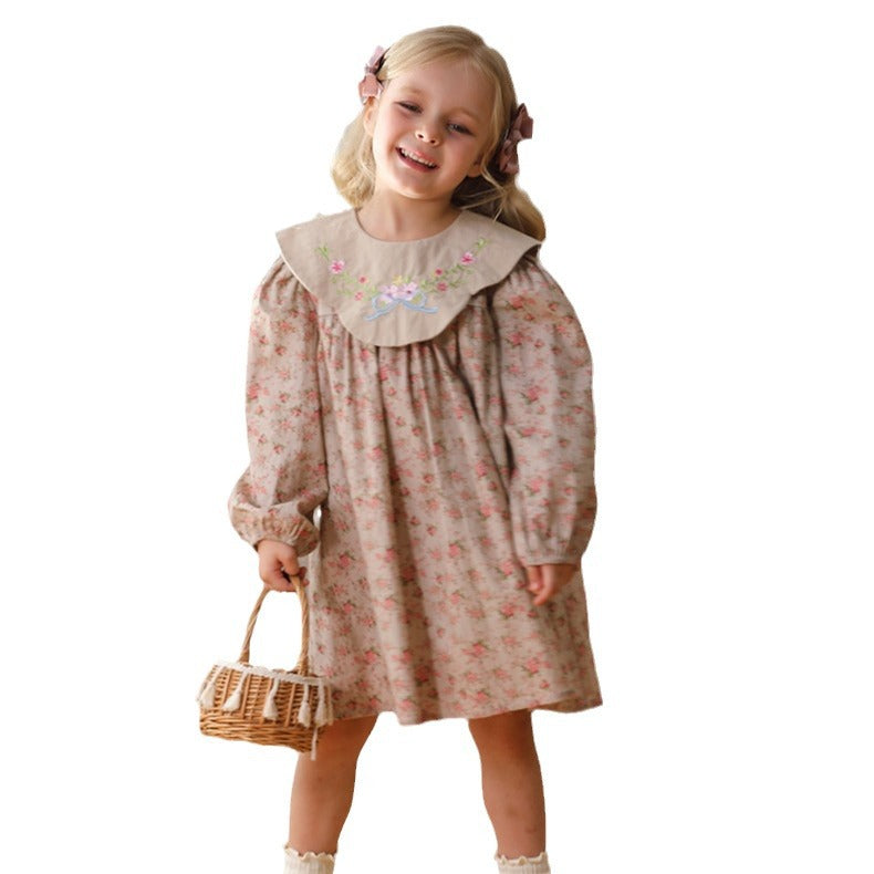 Vestido vintage de manga larga con cuello bordado y diseño floral para niñas de otoño 