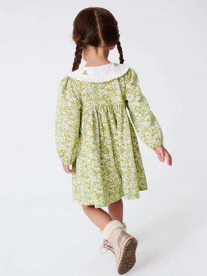 Vestido de princesa de manga larga con cuello Peter Pan y estampado floral bordado para niñas de otoño 