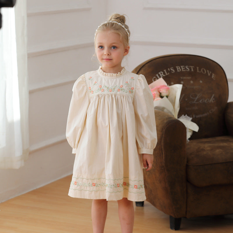 Arrival Autumn Girls Ruffle Neck Long Sleeves Flowers Embroidery Dress