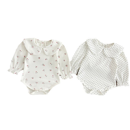 SpringArrival Baby Girls Long Sleeves Dots/Floral Pattern Peter Pan Collar White Onesies