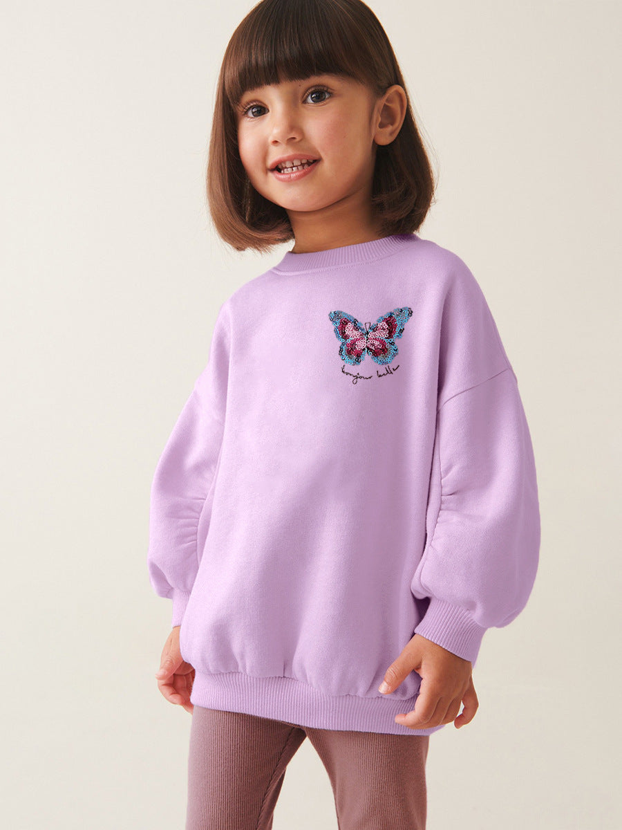 Spring And Autumn Girls Simple Butterfly Logo Long Sleeves Crew Neck Top Sweatshirt And Pants Clothing Set