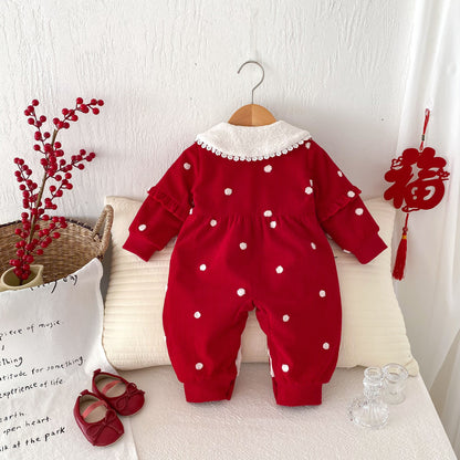 Winter Arrival Baby Cute Polka Dots Warm Fleece Rompers