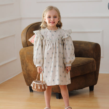 New Arrival Autumn Girls Simple Ruffle Neck Long Sleeves Floral Dress