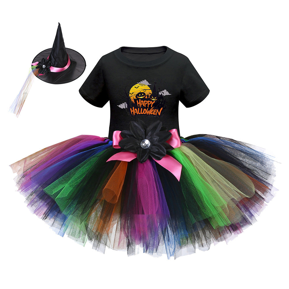 Disfraz de Halloween para niñas recién llegadas: vestido de tul con parches y sombrero para fiesta de cosplay de brujas con estampado de dibujos animados y mangas cortas 