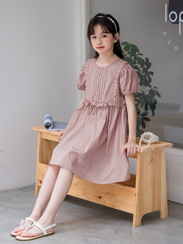 Hot Selling Summer Kids Girls Simple Style Solid Color Plain Cotton Short Sleeves Hollow Out Trim Dress