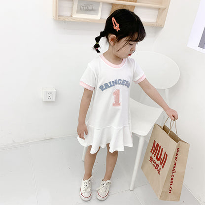 Summer Baby Girls Hot Selling Short Sleeves Crew Neck Sport Design Letters Pattern Dress