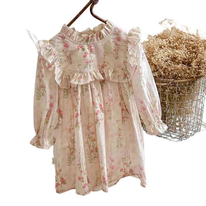 Vestido de otoño con volantes y mangas largas con estampado floral para niñas estilo francés 