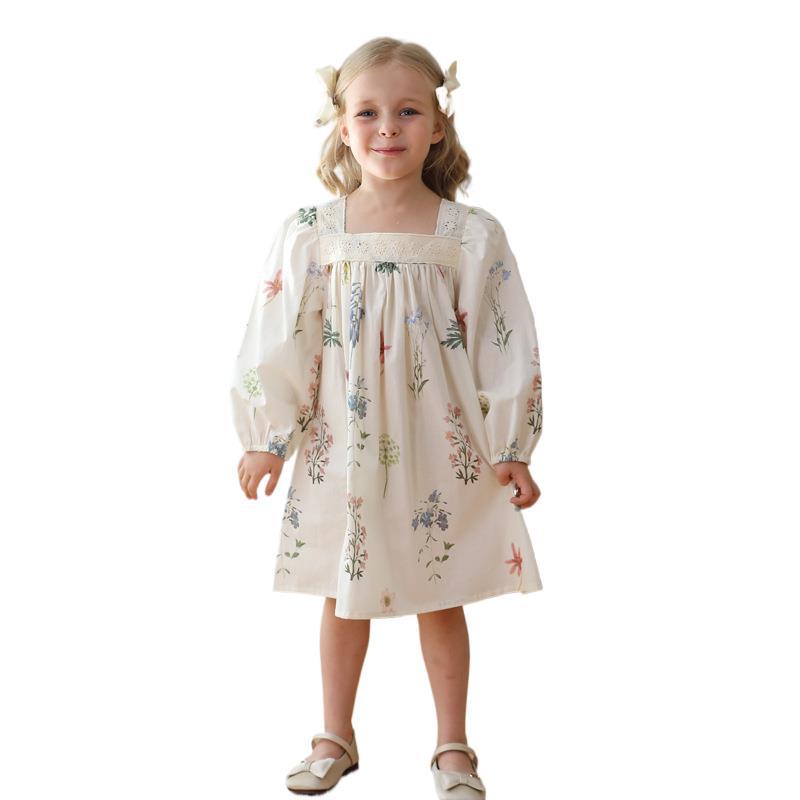 Vestido con estampado de flores y mangas largas con escote cuadrado sencillo para niñas de otoño 