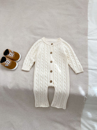 Autumn New Arrival Baby Unisex Solid Color Long Sleeves Jacquard Crew Neck Knitted Romper