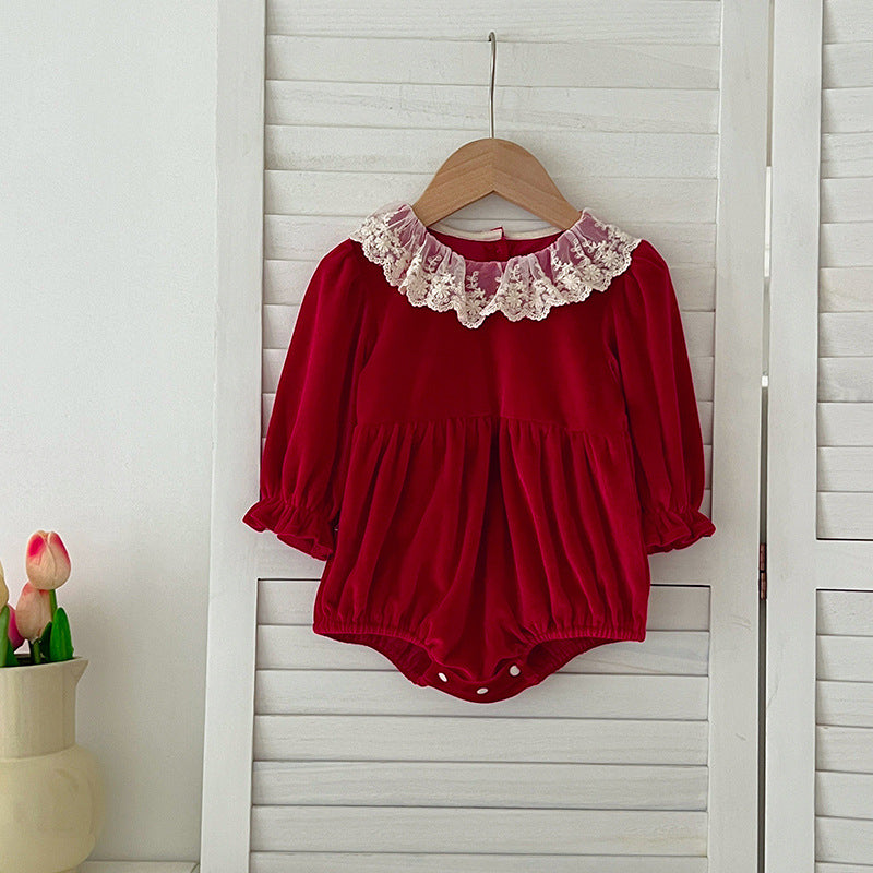 Conjunto de otoño para niñas pequeñas, con cuello de encaje y retazos, manga larga, mono y vestido – Conjunto a juego para princesas y hermanas 