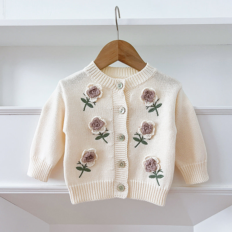 Arrival Baby Girls Comfortable Flowers Embroidery Pattern Knitted Long Sleeves Cardigan