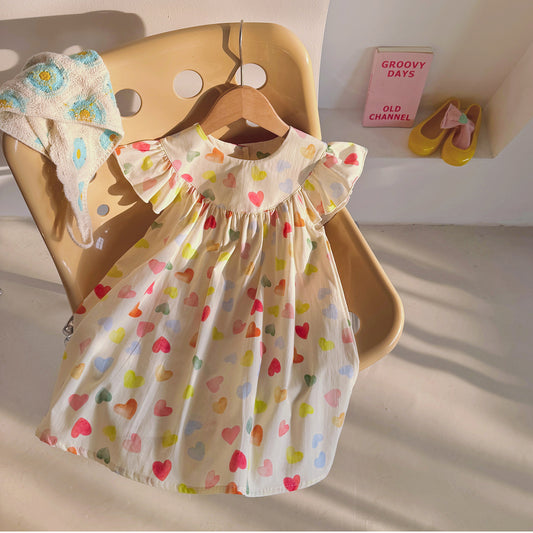 Summer Baby Kids Girls Fly Sleeves Colorful Heart Pattern Dress