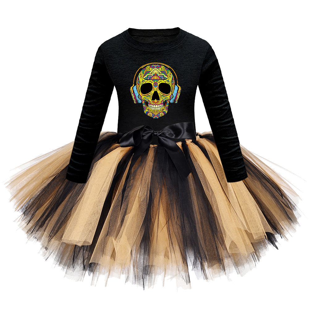 Arrival Girls’ Halloween Costume: Long Sleeves Cartoon Print Witches Cosplay Party Tulle Patchwork Dress