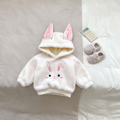 Winter Hot Selling Baby Unisex Long Sleeves Simple Rabbit Design Hooded Top Pullover and Striped Trousers Set