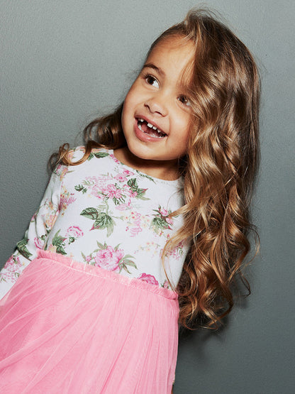 Vestido de princesa con diseño de flores de otoño para niñas, cuello redondo, mangas largas, retazos de tul rosa 