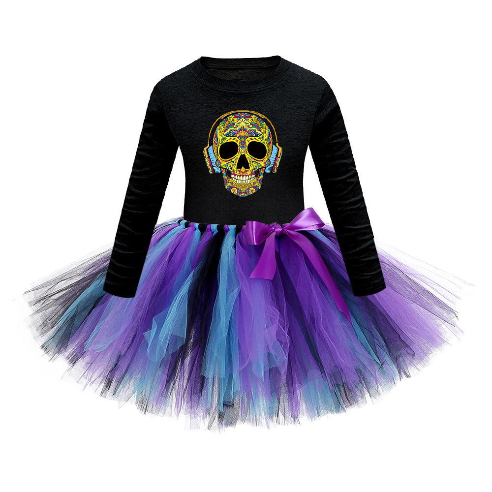 Arrival Girls’ Halloween Costume: Long Sleeves Cartoon Print Witches Cosplay Party Tulle Patchwork Dress